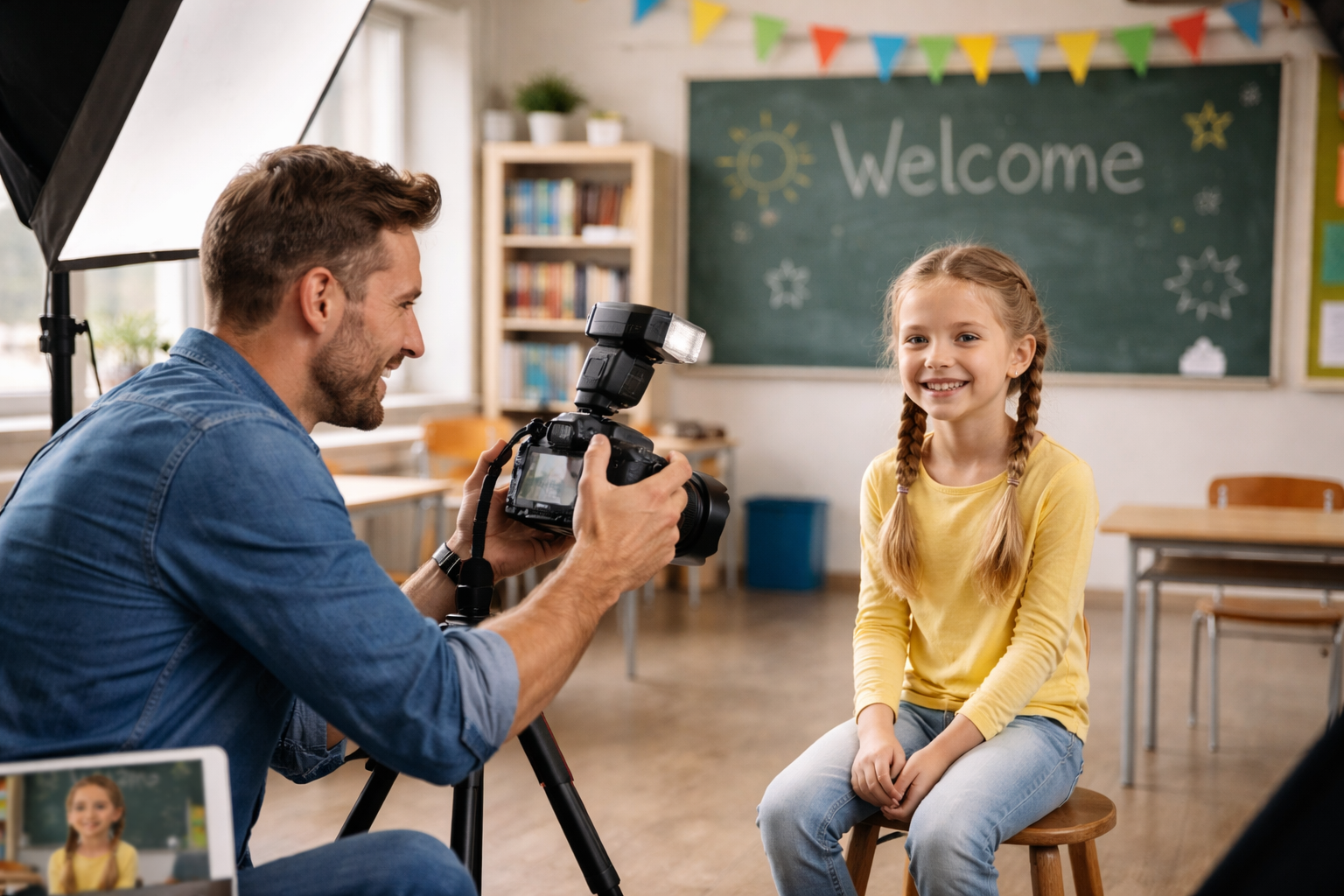 Schulfotograf fotografiert Schülerinh