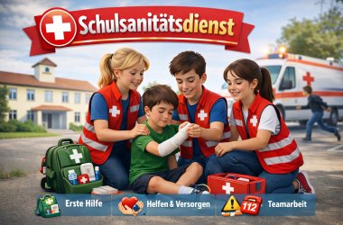 Schüler des Schulsanitätsdienstes versorgen einen verletzten Schüler