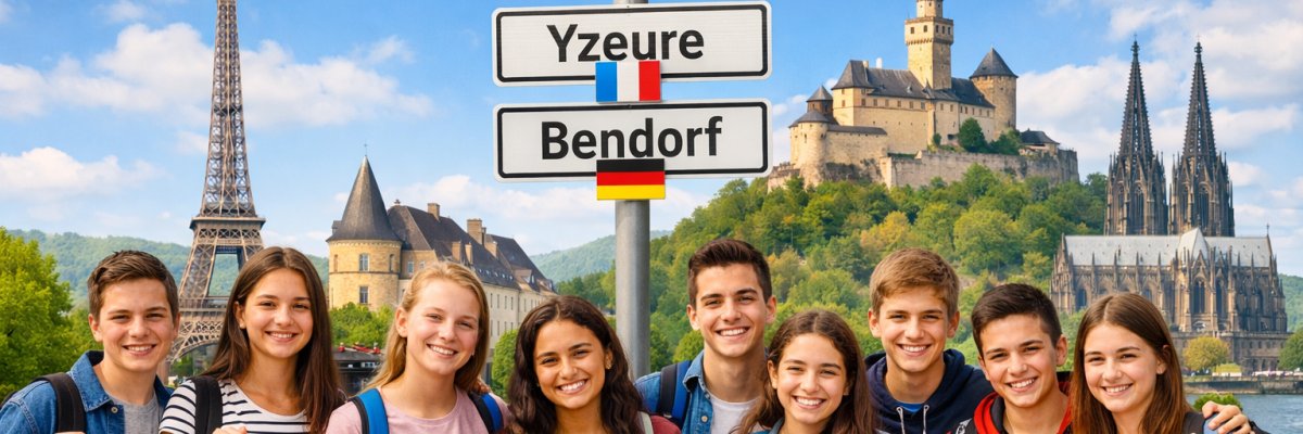 Schüler aus Deutschland und Frankreich halten die jeweilige Landesflagge 